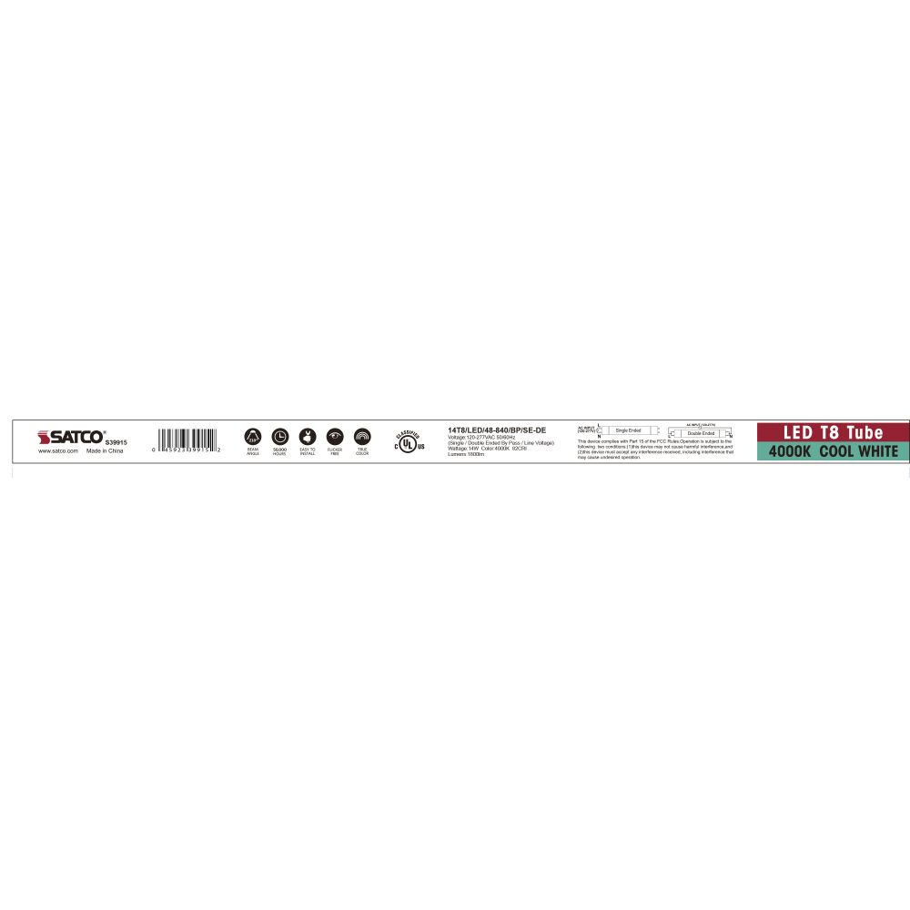 S39915 - 14W Led T8 48' 40K Singl/DBL Ended 1800LM Glass